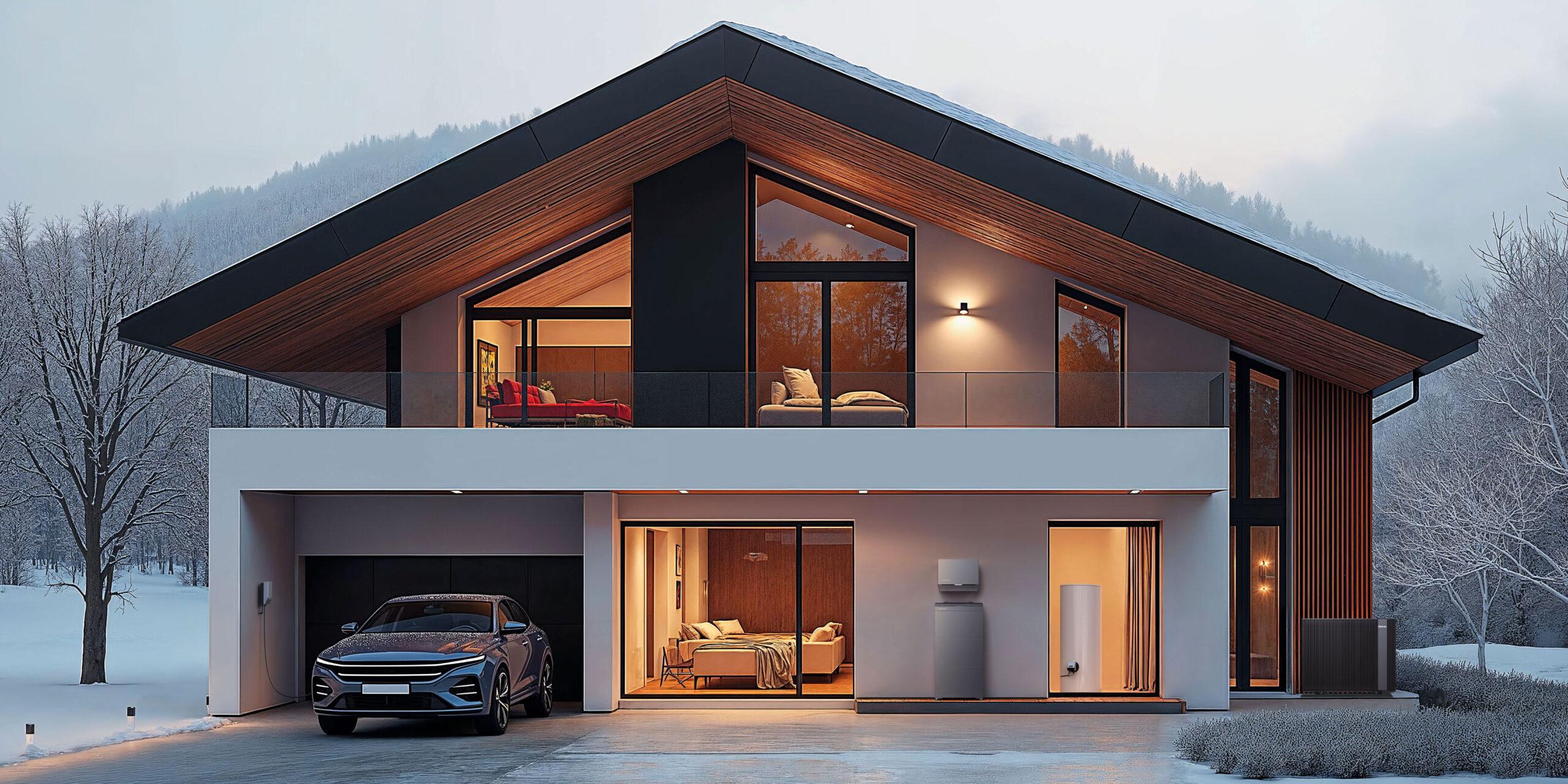 Wohnhaus mit Garage an Hausaussenwand Wärmepumpe und Ladestation, Wechselrichter und Solarspeicher. Davor lädt gerade ein graues Auto.