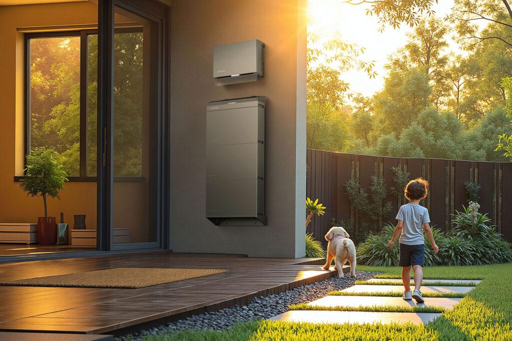 Ecoflow Solar und Heimspeicherlösung Powerocean an Terassenwand des Hauses, daneben sieht man einen Jungen mit seinem Hund von hinten.