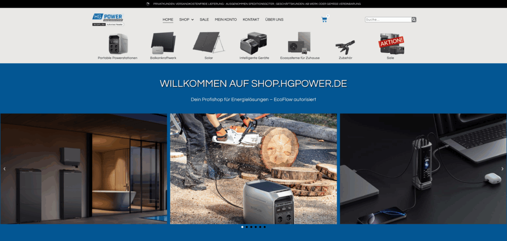HGPower Online Shop, Screenshot von der Shop Startseite, shop.hgpower.de.