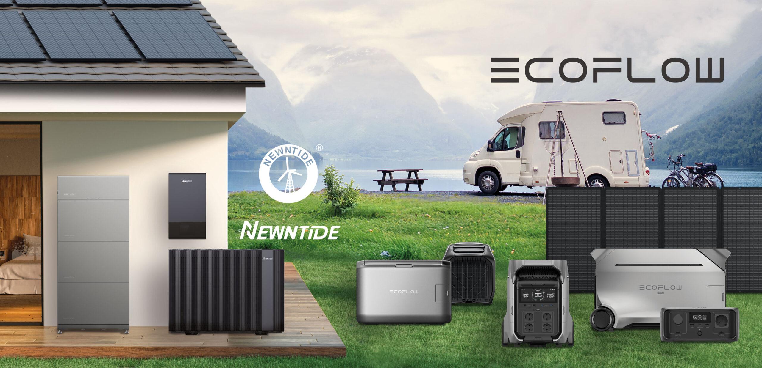 Titelbild der Startseite zeigt Newntide und Ecoflow auf einem Anwendungsbild, einmal Heim und Haus und einmal Camping.